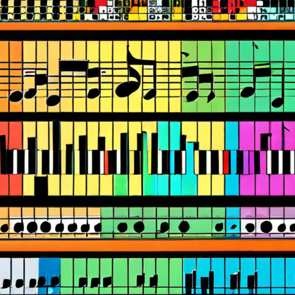 **Image of Musical Rhythm:** Abstract representation of musical rhythm as a mathematical structure, possibly incorporating visual elements of fractions, ratios, and musical notation. Visualize it with a vibrant and dynamic style.
