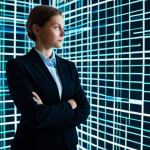 A professional female mathematician in a modest business suit, observing a vibrant, luminous holographic projection. The projection displays abstract geometric concepts: parallel lines converging at a distant vanishing point on a detailed grid, illustrating principles of projective geometry and perspective. The setting is a clean, modern research laboratory with subtle ambient lighting. The scene emphasizes intellectual curiosity, precision, and the beauty of mathematical concepts. Fully clothed, appropriate attire, professional dress, safe for work, appropriate content, perfect anatomy, correct proportions, natural pose, well-formed hands, proper finger count, natural body proportions, high-quality professional photography, ultra-detailed, sharp focus.