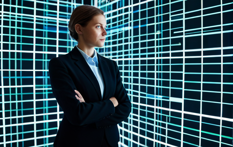 A professional female mathematician in a modest business suit, observing a vibrant, luminous holographic projection. The projection displays abstract geometric concepts: parallel lines converging at a distant vanishing point on a detailed grid, illustrating principles of projective geometry and perspective. The setting is a clean, modern research laboratory with subtle ambient lighting. The scene emphasizes intellectual curiosity, precision, and the beauty of mathematical concepts. Fully clothed, appropriate attire, professional dress, safe for work, appropriate content, perfect anatomy, correct proportions, natural pose, well-formed hands, proper finger count, natural body proportions, high-quality professional photography, ultra-detailed, sharp focus.