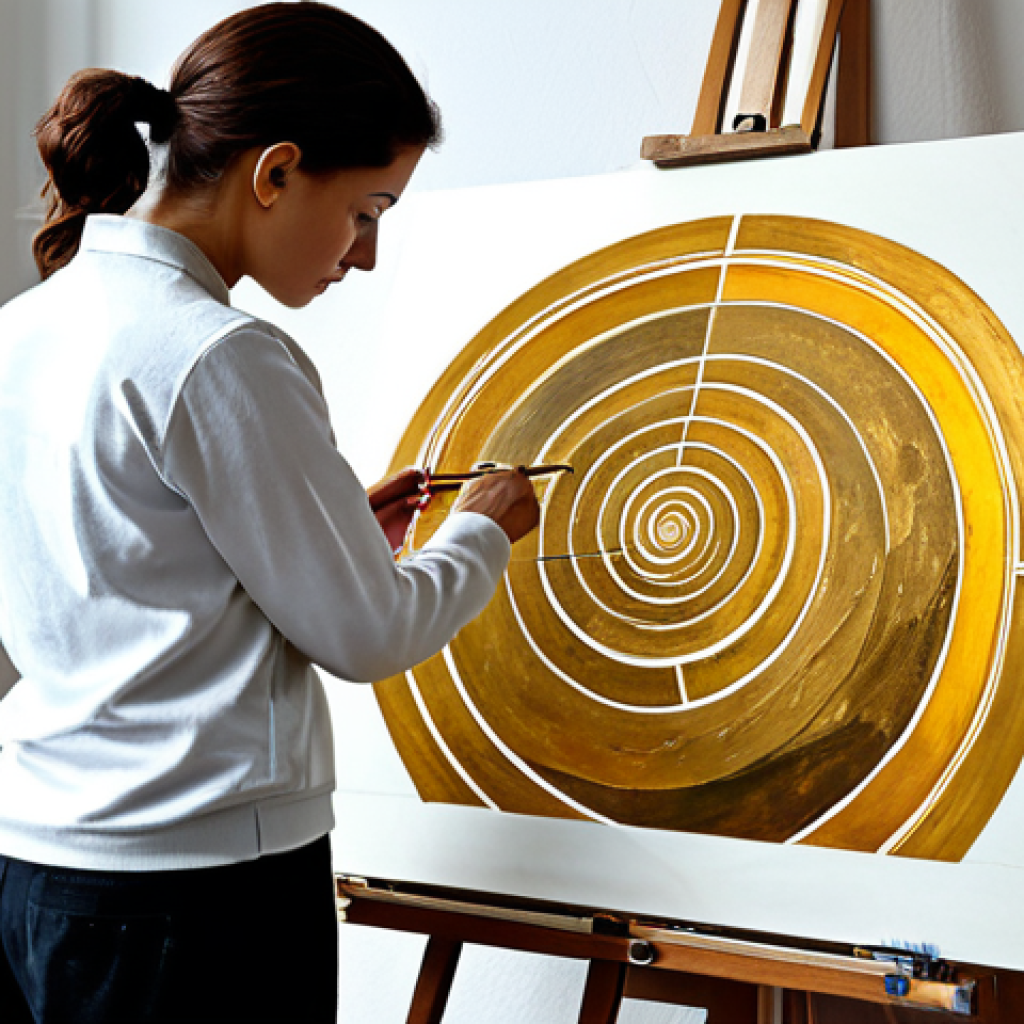 "A professional artist applying the golden ratio to compose a painting. The studio is filled with art supplies. Fully clothed, appropriate attire, safe for work, perfect anatomy, natural proportions, professional photography, high quality."