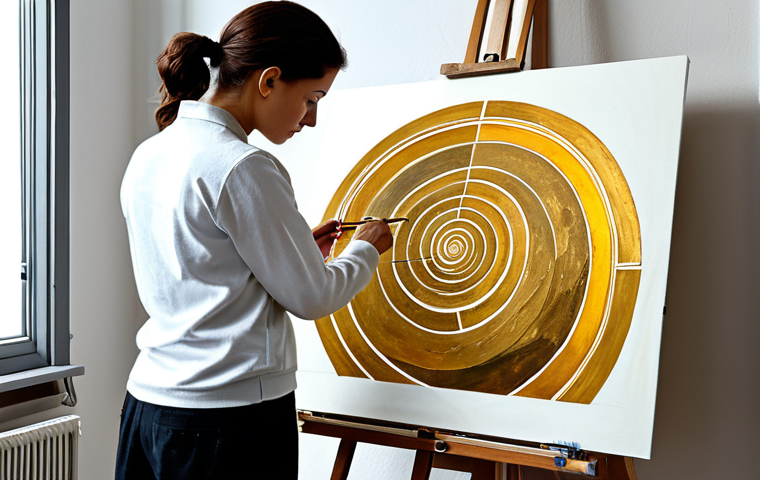 "A professional artist applying the golden ratio to compose a painting. The studio is filled with art supplies. Fully clothed, appropriate attire, safe for work, perfect anatomy, natural proportions, professional photography, high quality."