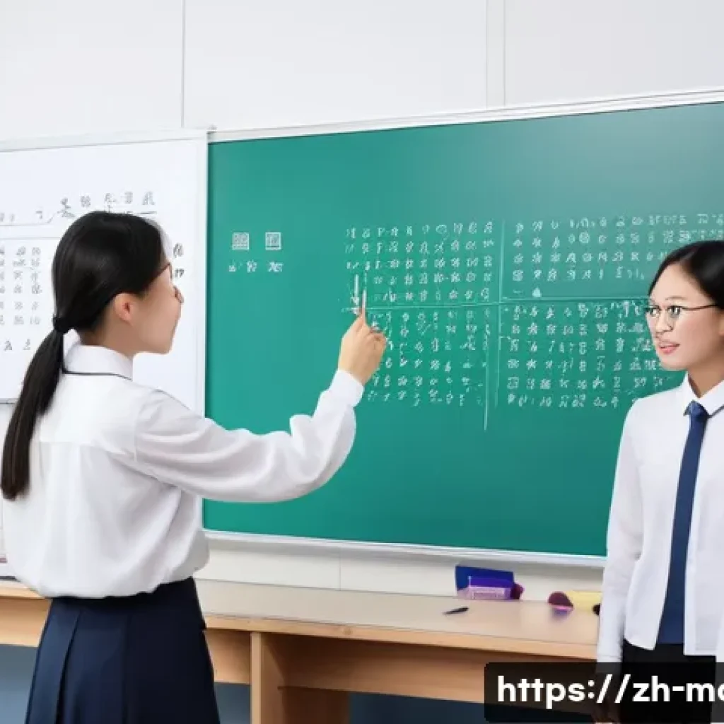수학적 사고력을 키우는 법 - A modern classroom scene focused on a diverse group of Chinese students collaboratively solving a co...