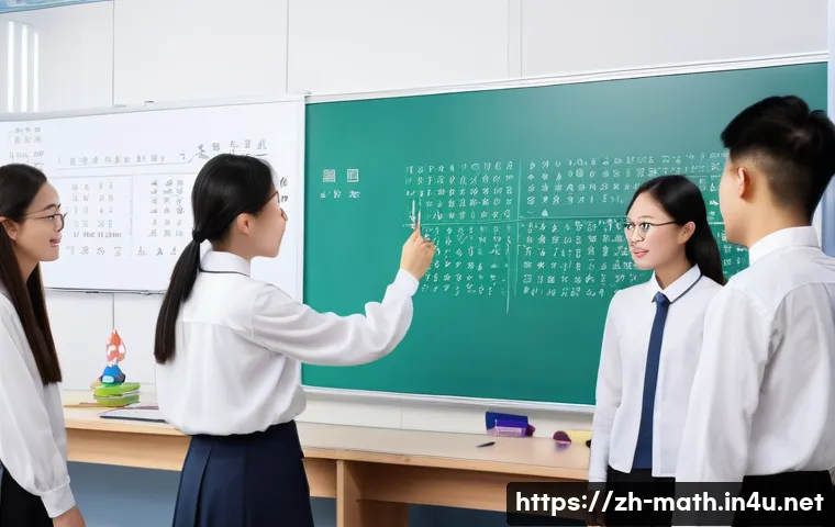 수학적 사고력을 키우는 법 - A modern classroom scene focused on a diverse group of Chinese students collaboratively solving a co...