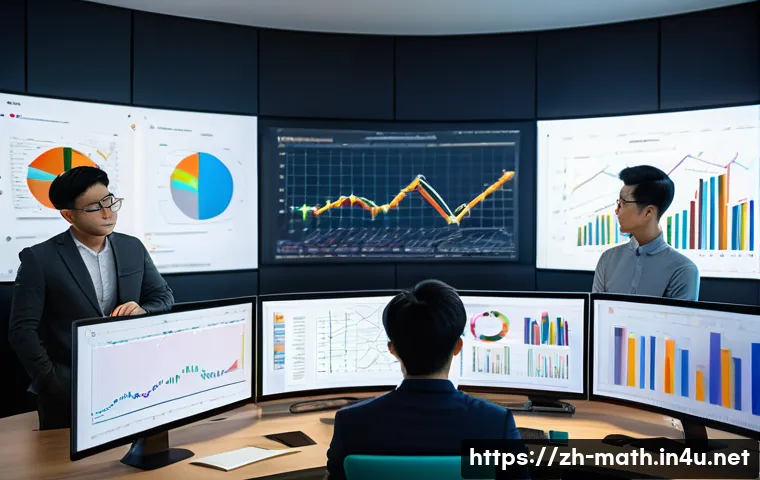 회귀 분석과 머신러닝 - A modern office workspace with a diverse team of young Chinese data scientists analyzing complex gra...