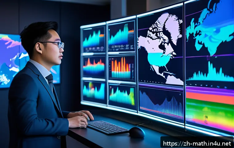 가우시안 프로세스와 머신러닝 - A futuristic data scientist analyzing complex, non-linear weather patterns on multiple holographic s...