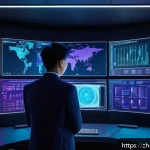 NP 문제와 P vs NP 문제 - A sophisticated digital illustration of an advanced artificial intelligence system analyzing complex...
